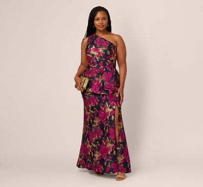 Plus Size One Shoulder Jacquard Dress In Navy Pink
