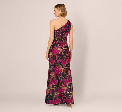 One Shoulder Jacquard Dress In Navy Pink