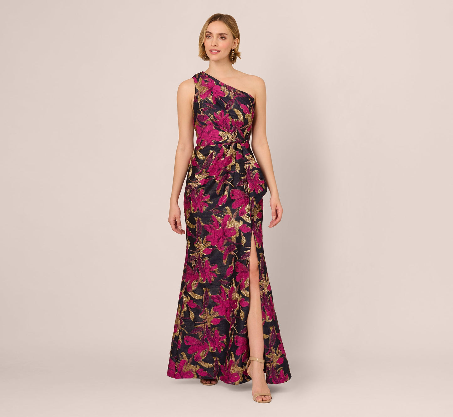 One Shoulder Jacquard Dress In Navy Pink