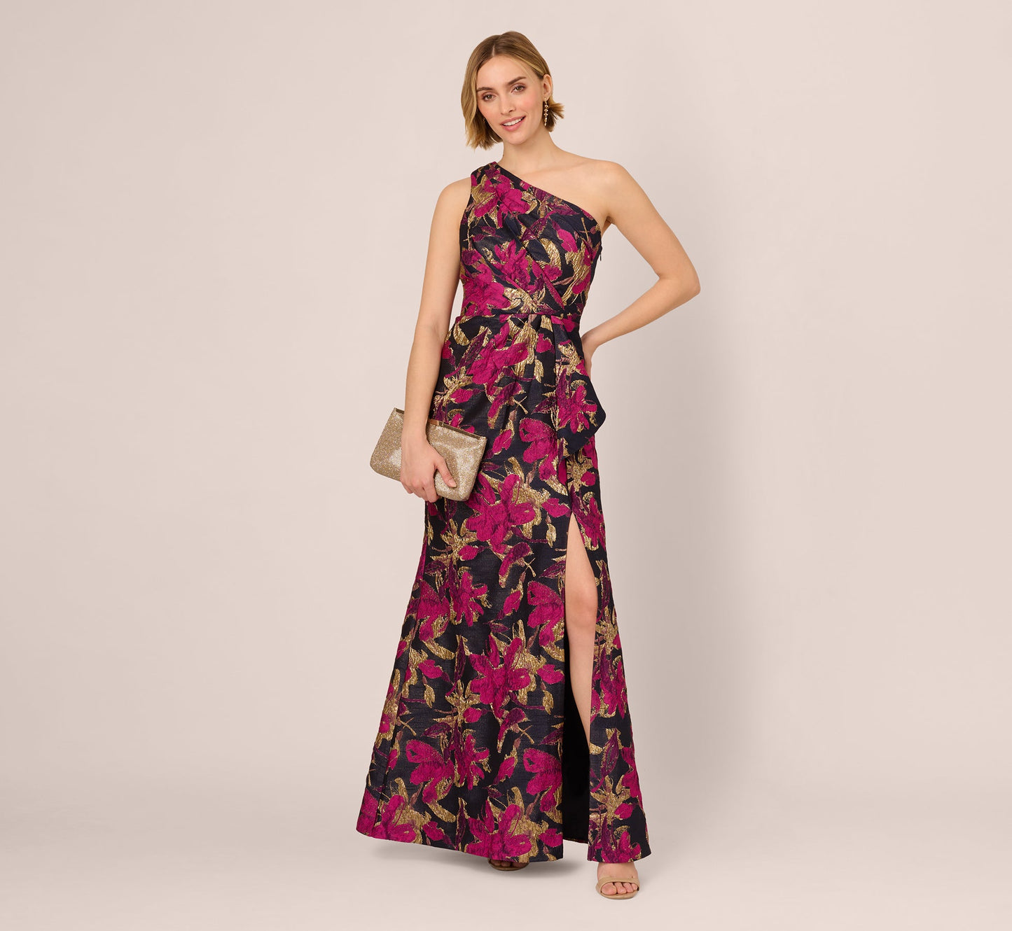 One Shoulder Jacquard Dress In Navy Pink