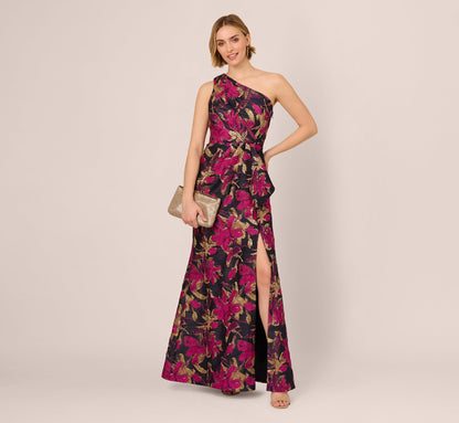 One Shoulder Jacquard Dress In Navy Pink