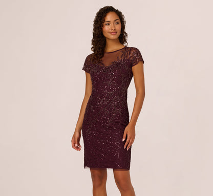 Beaded Short Sleeve Sheath Dress In Night Plum