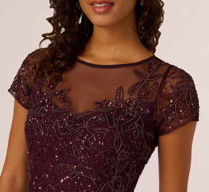 Beaded Short Sleeve Sheath Dress In Night Plum