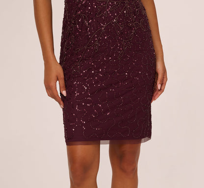 Beaded Short Sleeve Sheath Dress In Night Plum