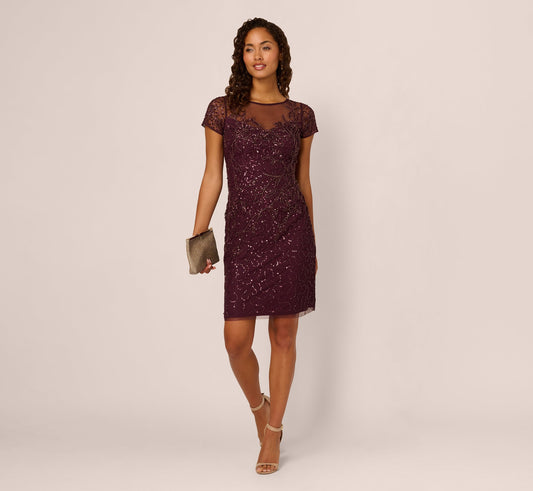 Beaded Short Sleeve Sheath Dress In Night Plum