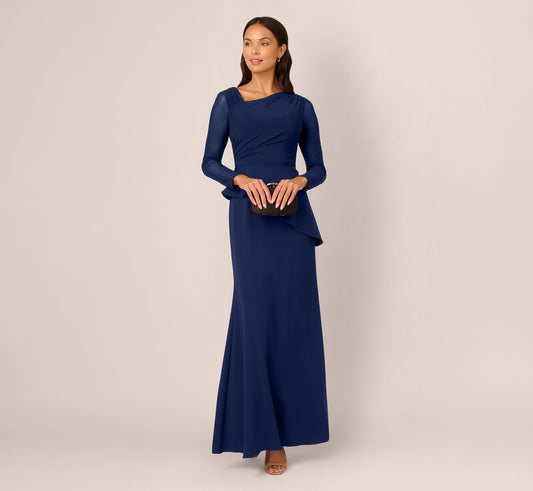 Knit Crepe Combo Mesh Gown In Navy Sateen