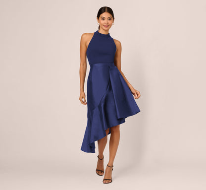 Crepe Combo Taffeta Dress In Light Navy