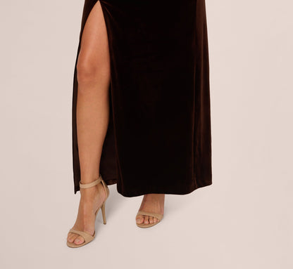 One Shoulder Draped Velvet Gown With Chain Accent In Dark Brown