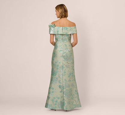 Off Shoulder Floral Jacquard Mermaid Gown In Icy Sage