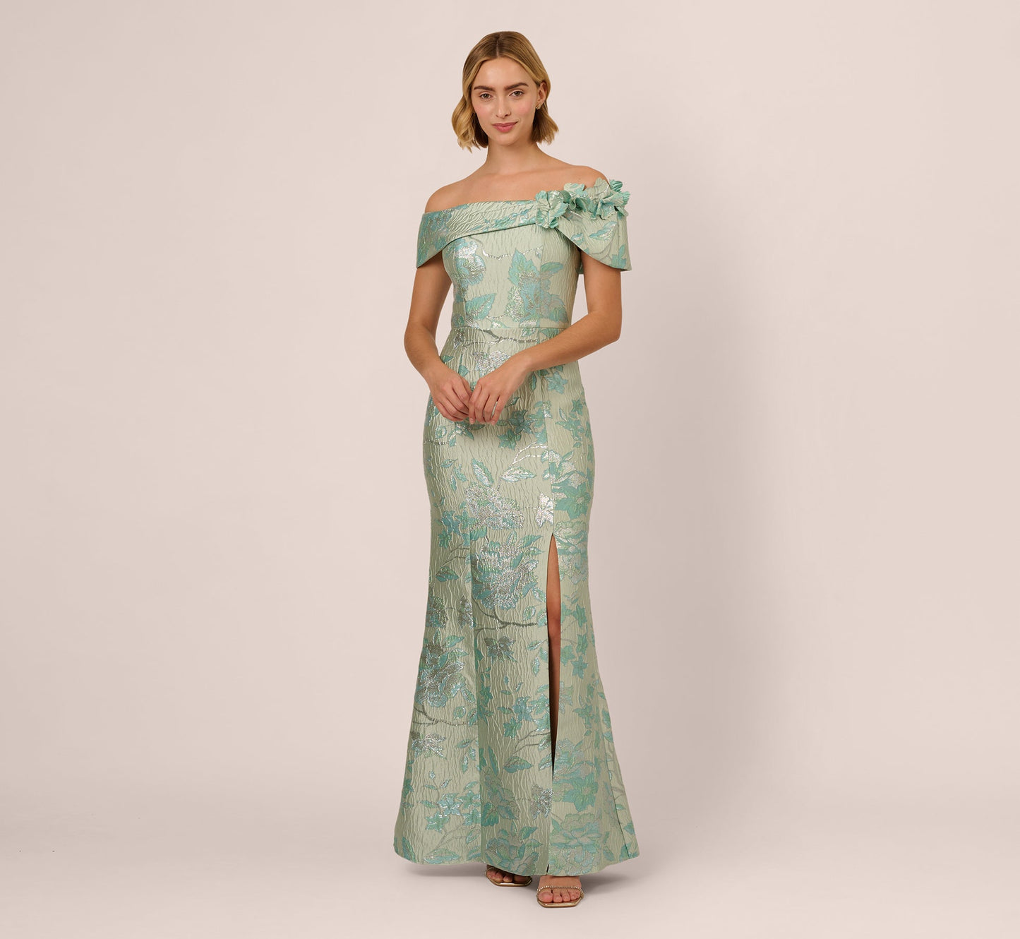 Off Shoulder Floral Jacquard Mermaid Gown In Icy Sage