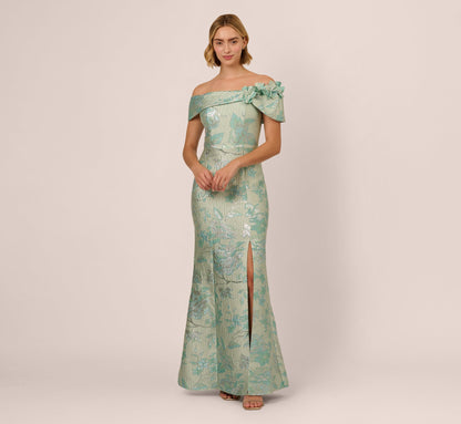 Off Shoulder Floral Jacquard Mermaid Gown In Icy Sage