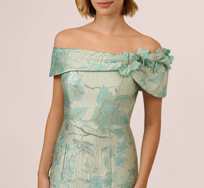Off Shoulder Floral Jacquard Mermaid Gown In Icy Sage