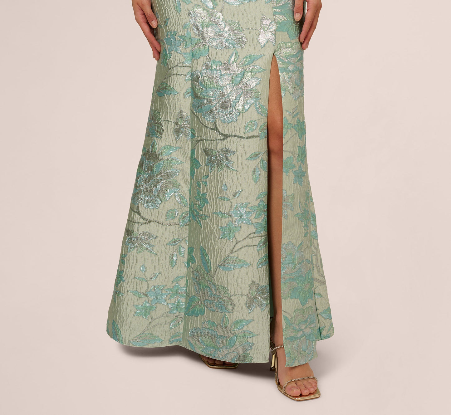 Off Shoulder Floral Jacquard Mermaid Gown In Icy Sage