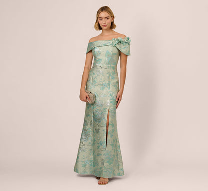 Off Shoulder Floral Jacquard Mermaid Gown In Icy Sage