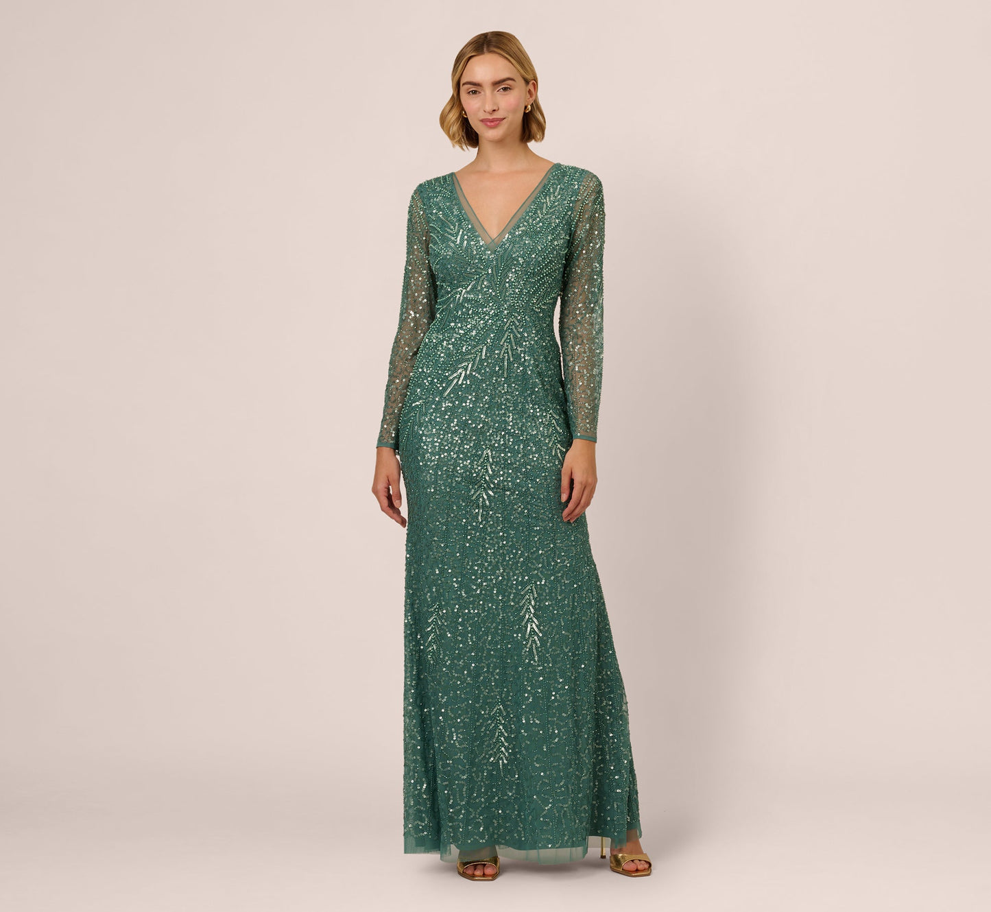 Long Sleeve Beaded Full Length Dress In Green Slate