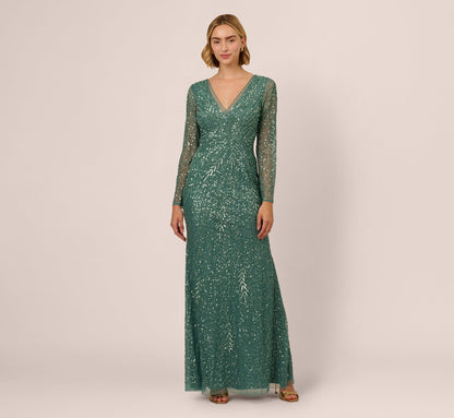 Long Sleeve Beaded Full Length Dress In Green Slate