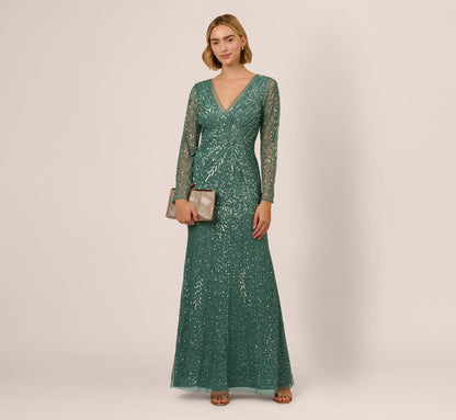 Long Sleeve Beaded Full Length Dress In Green Slate