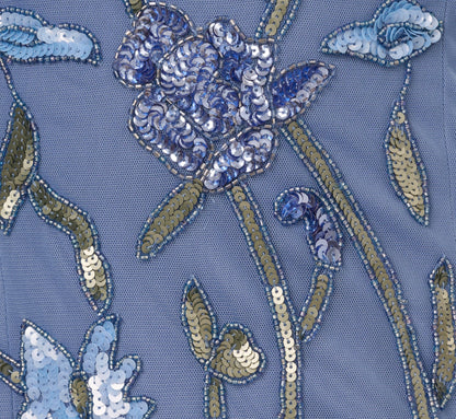 Square Neck Short Sleeve Beaded Godet Gown In French Blue