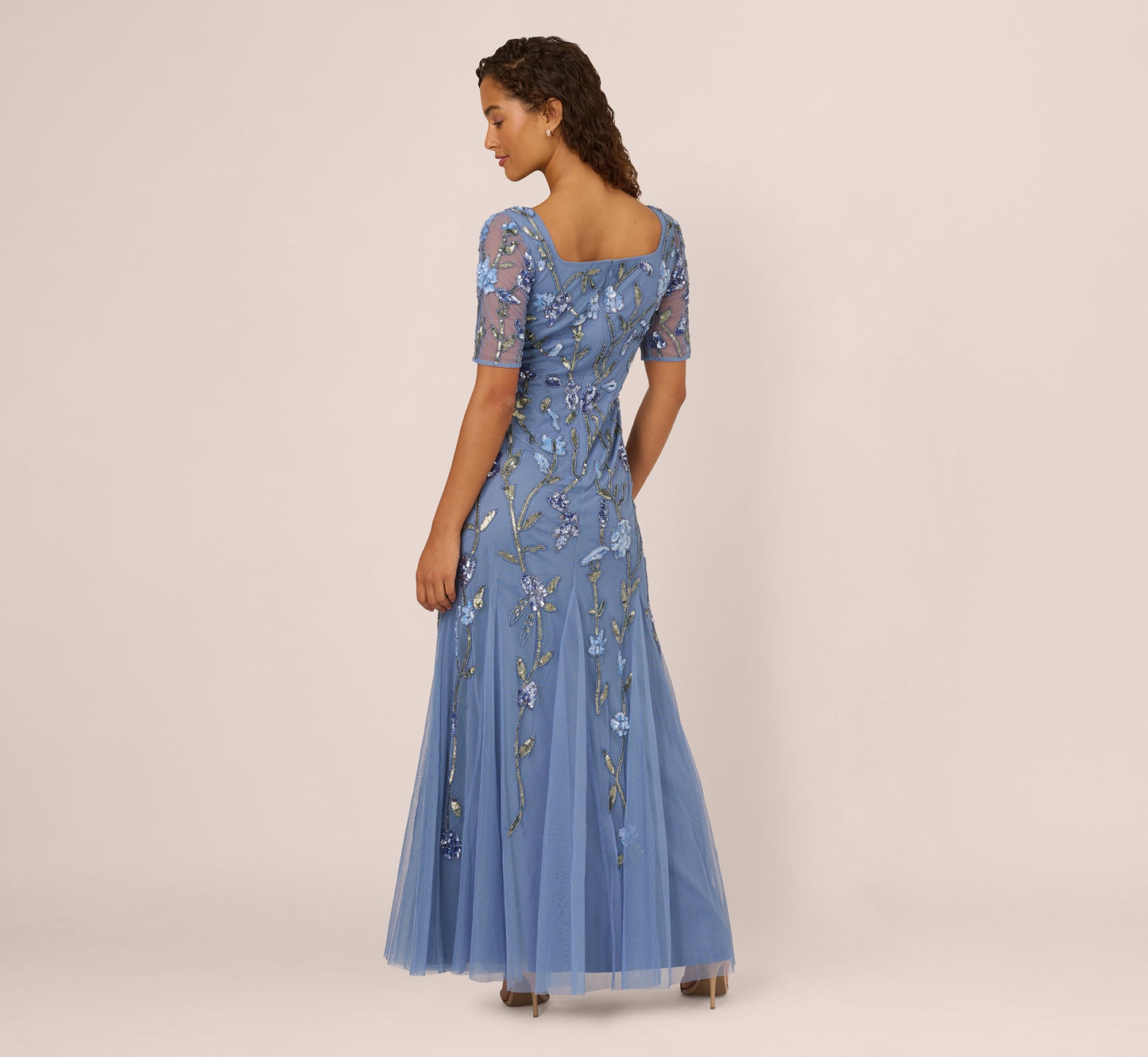 Square Neck Short Sleeve Beaded Godet Gown In French Blue