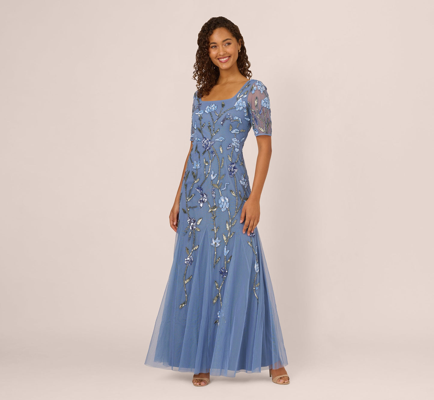 Square Neck Short Sleeve Beaded Godet Gown In French Blue
