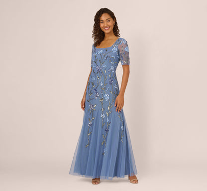 Square Neck Short Sleeve Beaded Godet Gown In French Blue