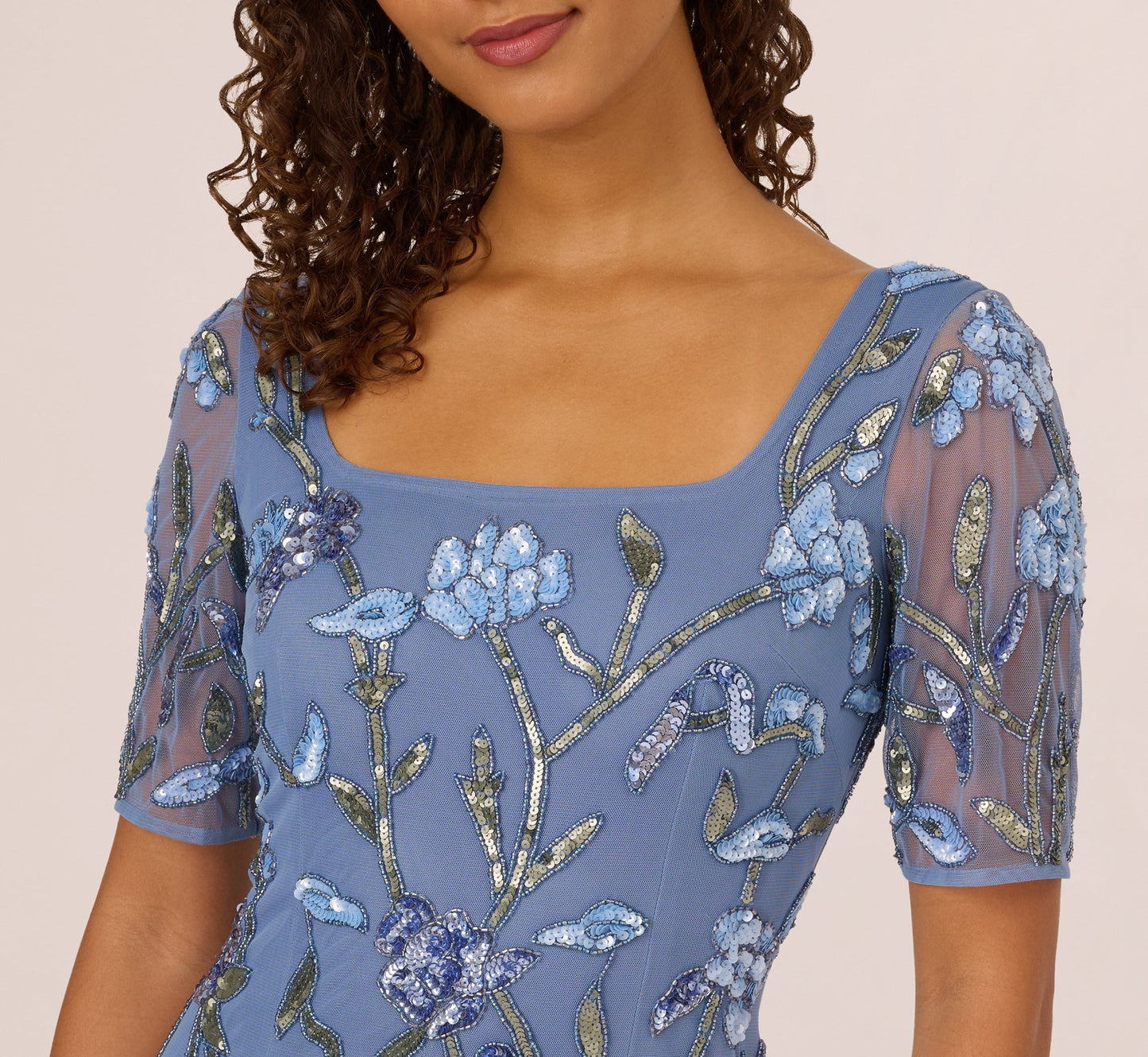 Square Neck Short Sleeve Beaded Godet Gown In French Blue