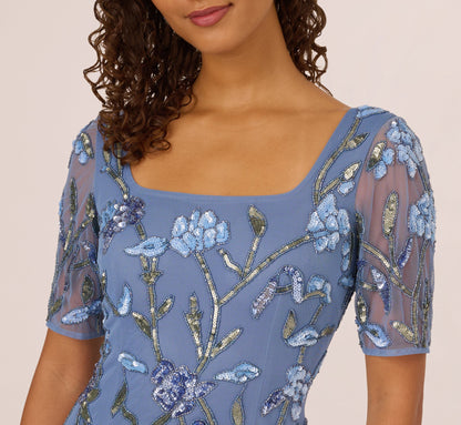 Square Neck Short Sleeve Beaded Godet Gown In French Blue