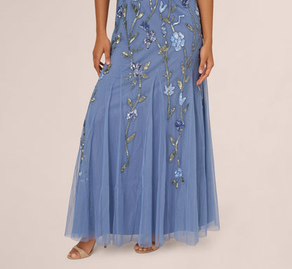 Square Neck Short Sleeve Beaded Godet Gown In French Blue