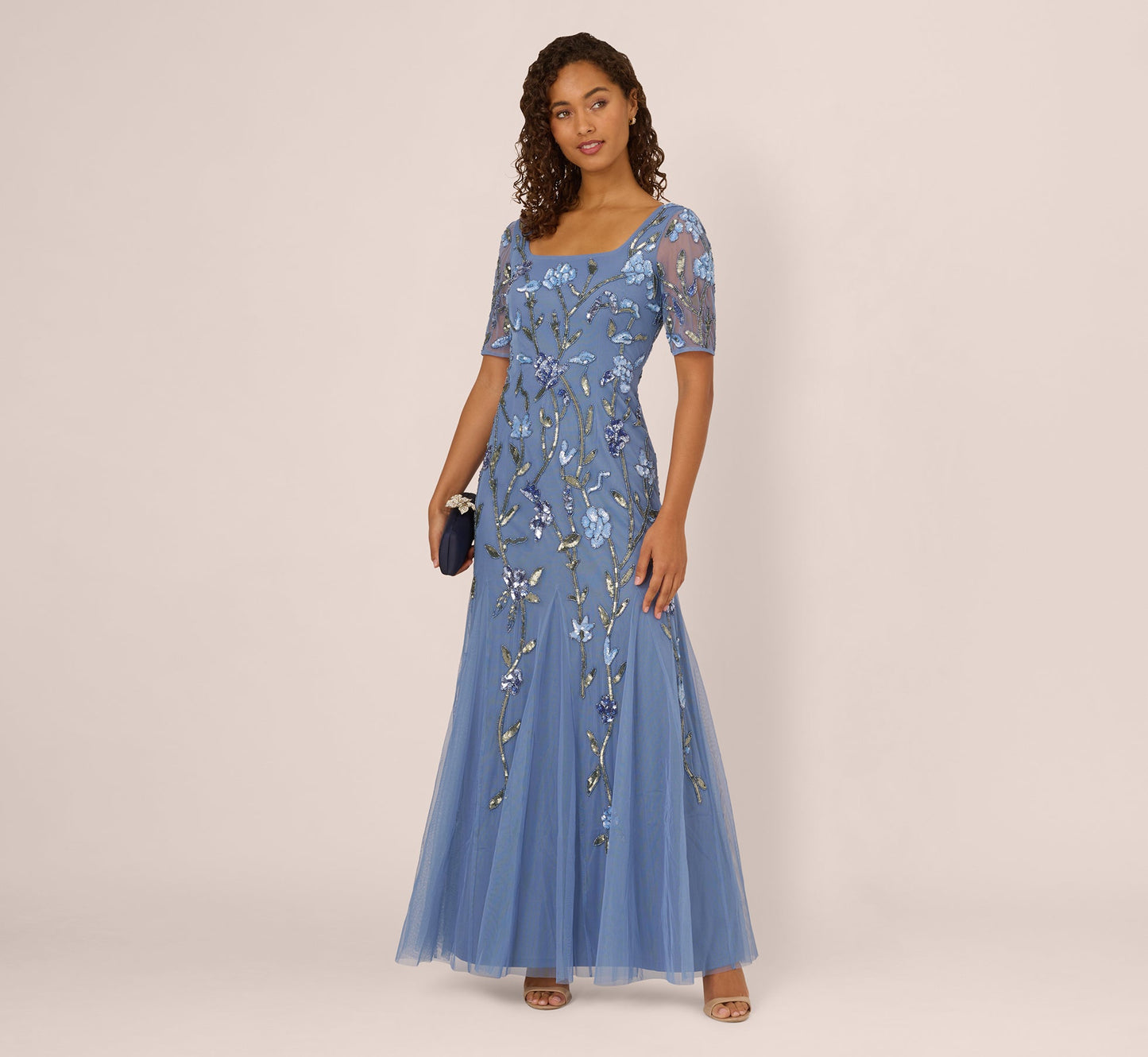 Square Neck Short Sleeve Beaded Godet Gown In French Blue