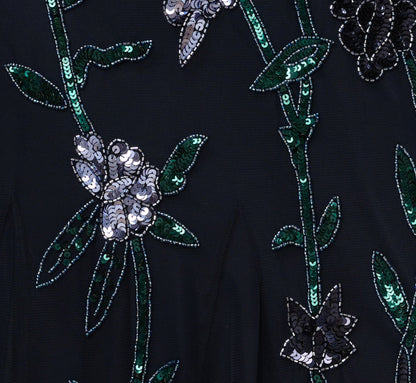 Square Neck Short Sleeve Beaded Godet Gown In Midnight Multi