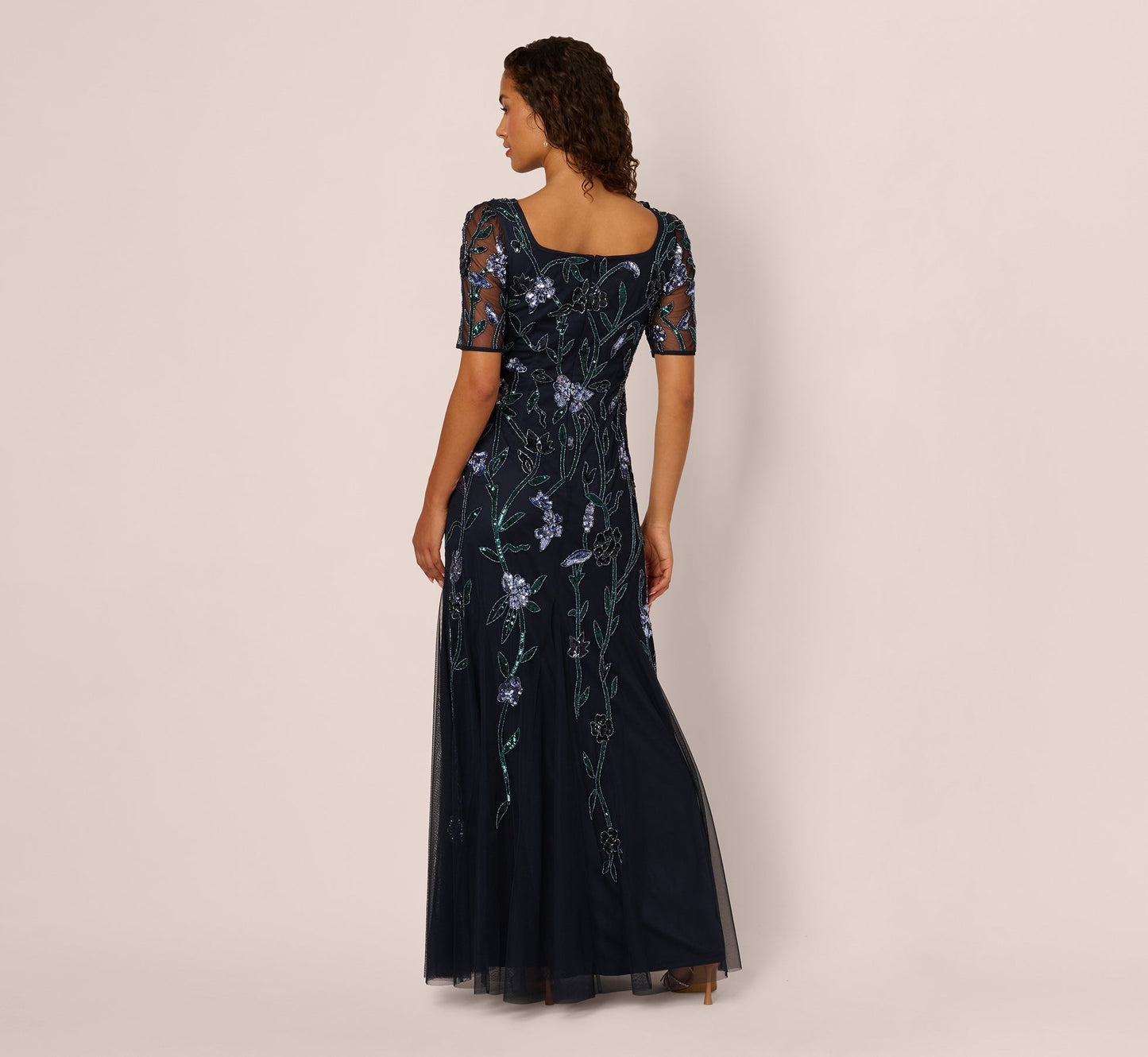 Square Neck Short Sleeve Beaded Godet Gown In Midnight Multi