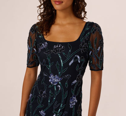 Square Neck Short Sleeve Beaded Godet Gown In Midnight Multi