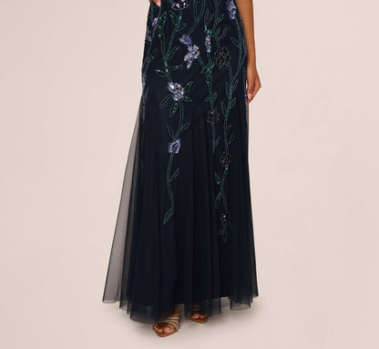 Square Neck Short Sleeve Beaded Godet Gown In Midnight Multi