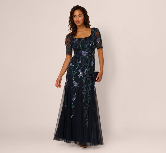 Square Neck Short Sleeve Beaded Godet Gown In Midnight Multi