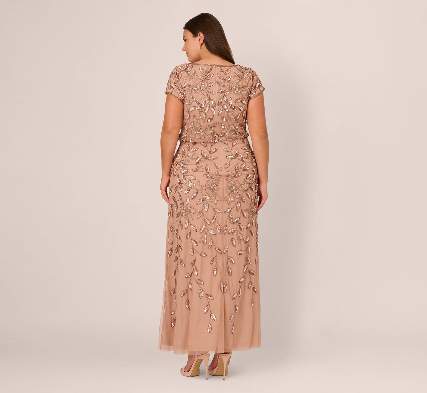 Plus Size Blouson Short Sleeve Beaded Long Dress In Rose Gold