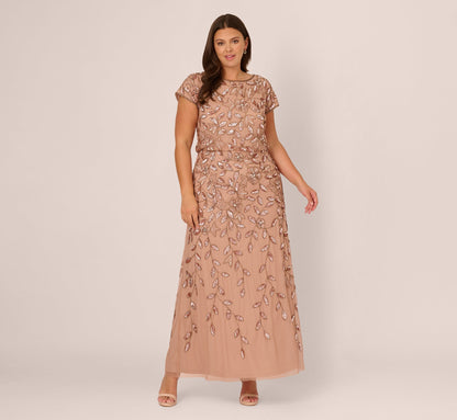 Plus Size Blouson Short Sleeve Beaded Long Dress In Rose Gold