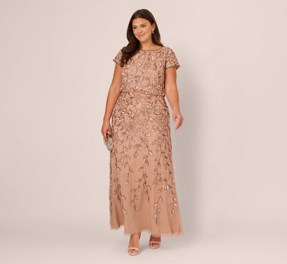Plus Size Blouson Short Sleeve Beaded Long Dress In Rose Gold