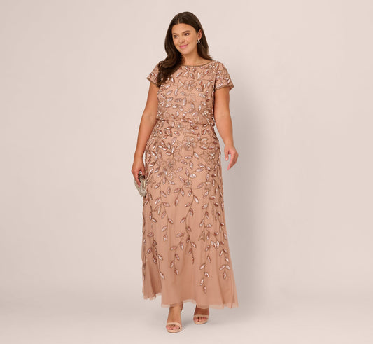 Plus Size Blouson Short Sleeve Beaded Long Dress In Rose Gold