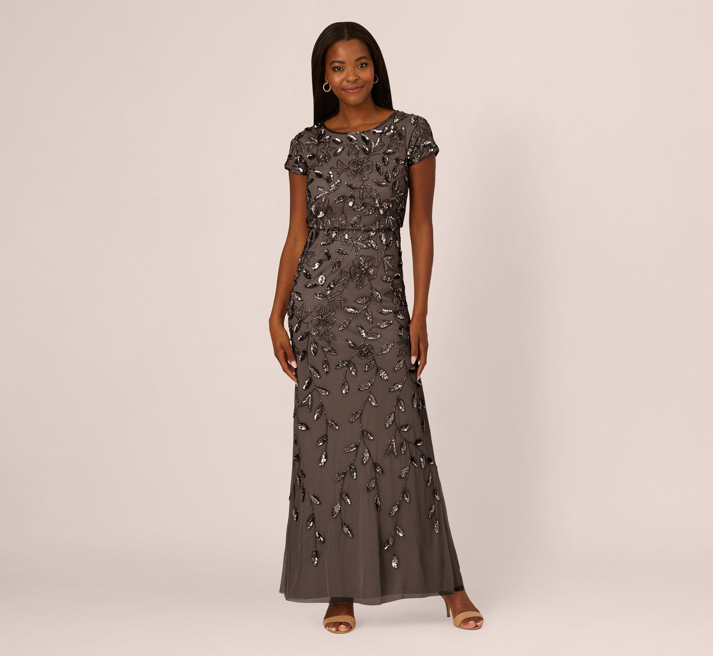 Blouson Short Sleeve Beaded Long Dress In Lead