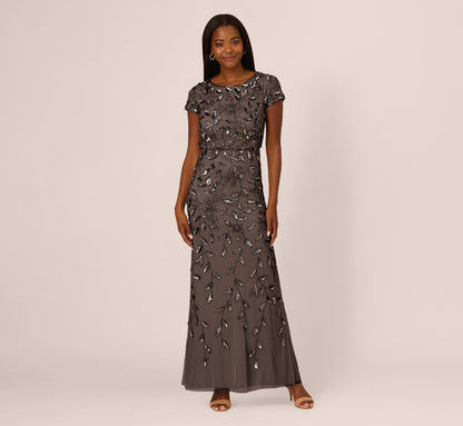 Blouson Short Sleeve Beaded Long Dress In Lead