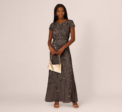 Blouson Short Sleeve Beaded Long Dress In Lead