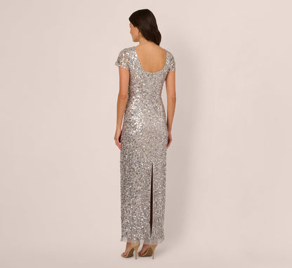 Short Sleeve Bead And Sequin Gown In Silver Mist