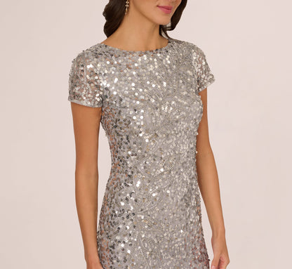 Short Sleeve Bead And Sequin Gown In Silver Mist
