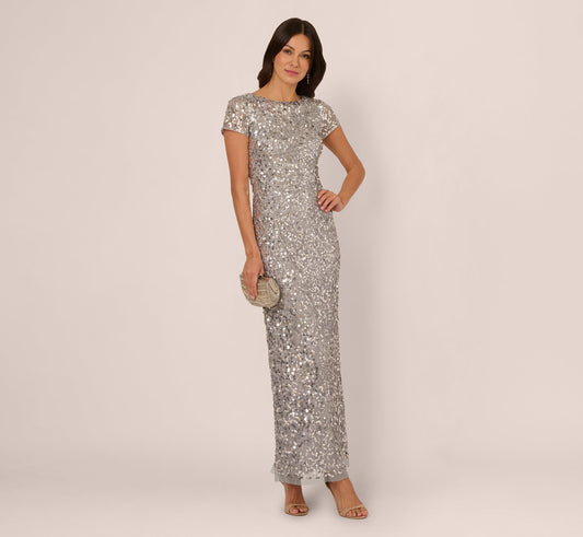 Short Sleeve Bead And Sequin Gown In Silver Mist