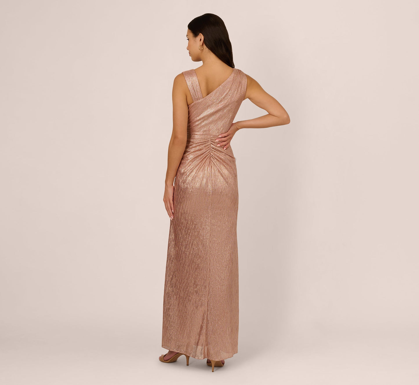 Draped Metallic Foil Long Dress In Rose Gold