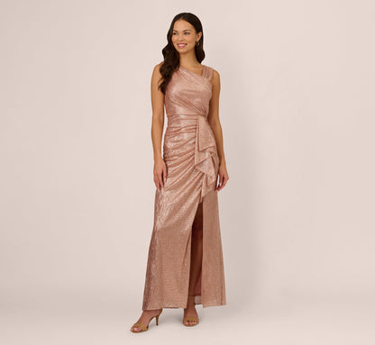 Draped Metallic Foil Long Dress In Rose Gold