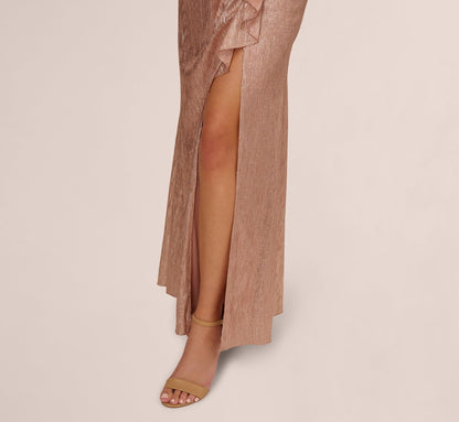 Draped Metallic Foil Long Dress In Rose Gold