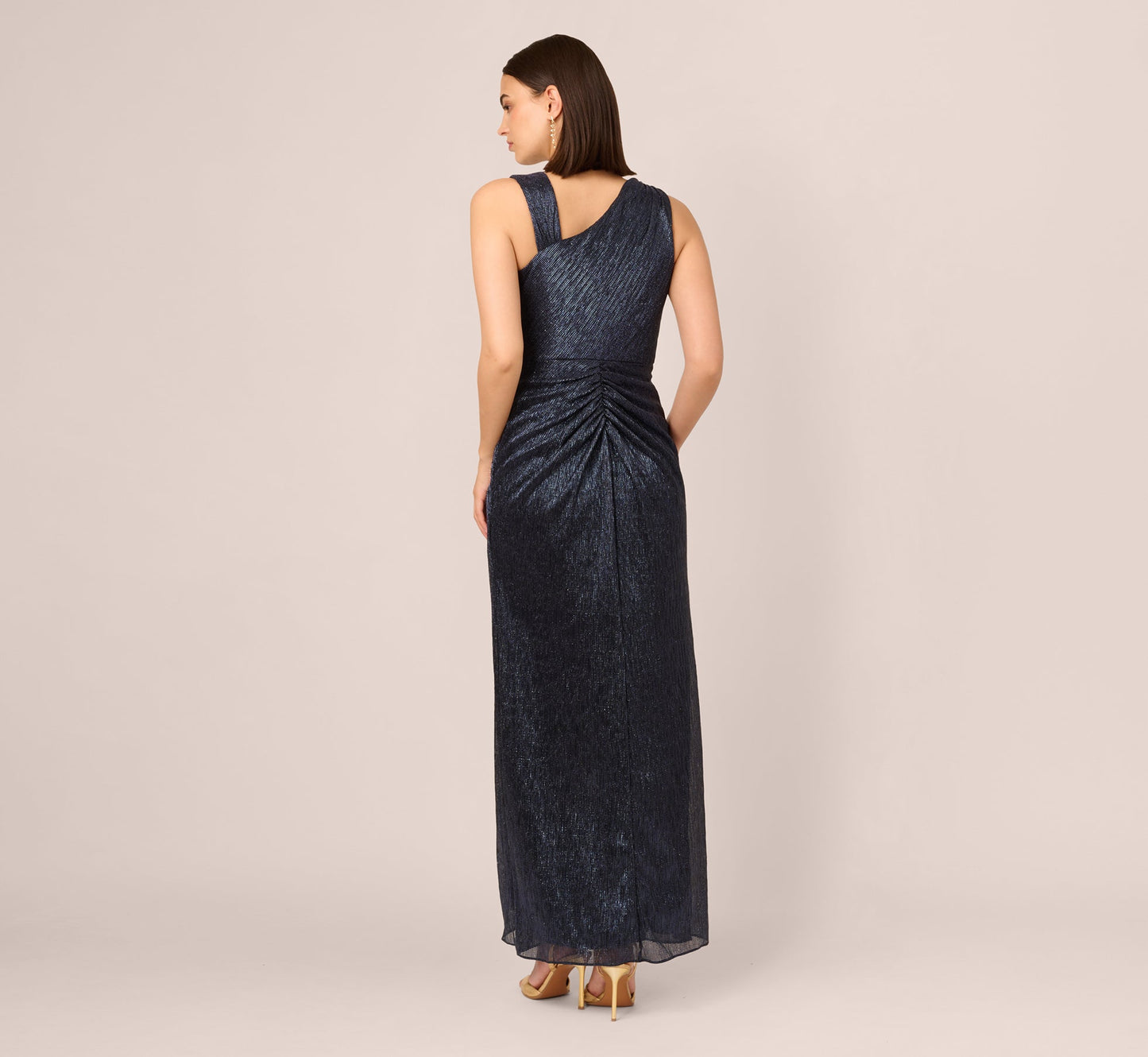Draped Metallic Foil Long Dress In Navy
