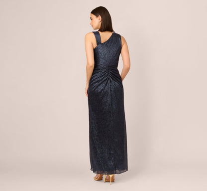 Draped Metallic Foil Long Dress In Navy