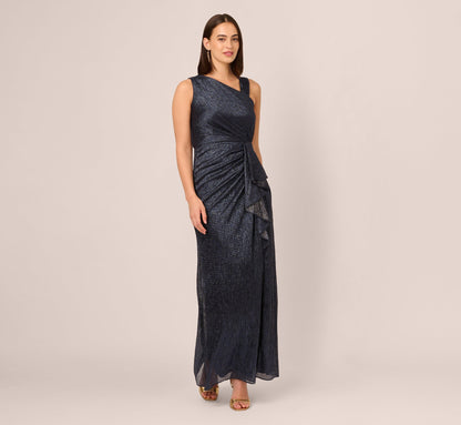 Draped Metallic Foil Long Dress In Navy